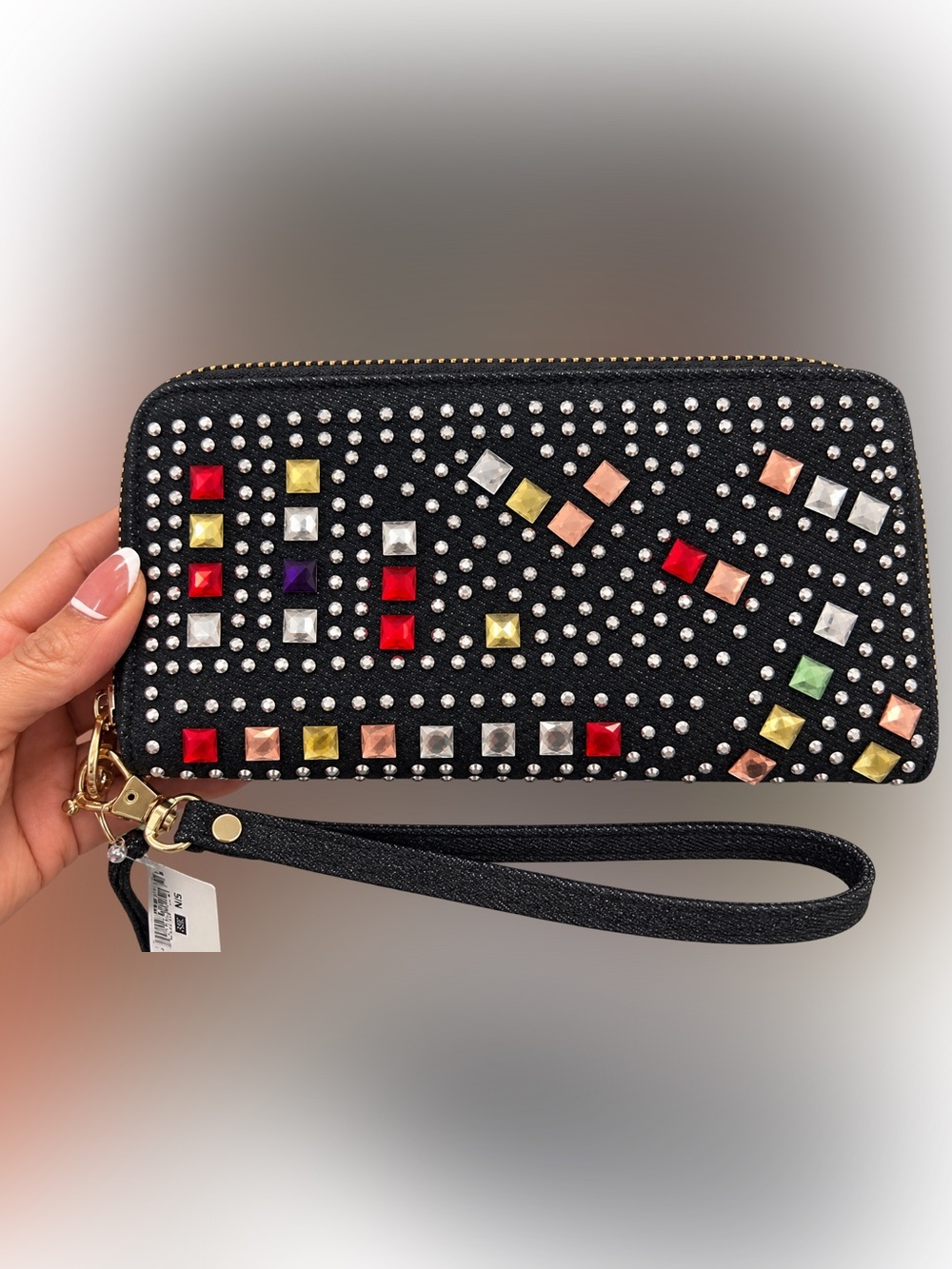 🖤 Ashley Stewart Washed Black Rhinestone & Gem Wristlet Wallet NWT